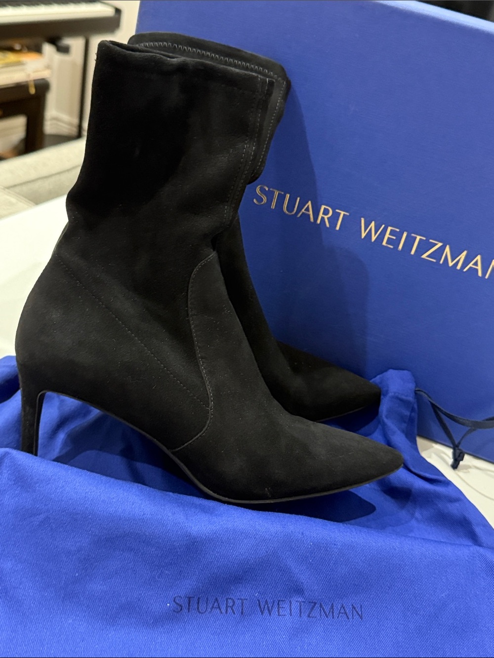 Stuart Weitzman “Wren 75mm” Black Suede Pointed Ankle Booties